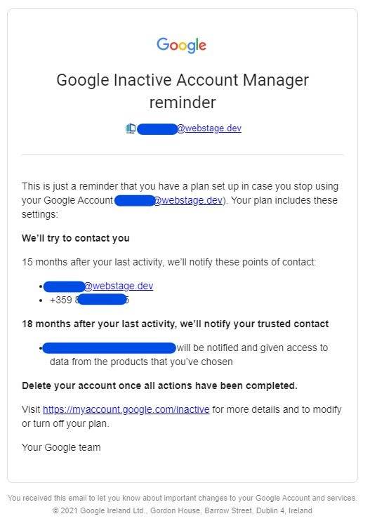 Google Inactive Account Manager позволява на потребителя да укаже какво ще се случи с неговия профил след период на неактивност.
